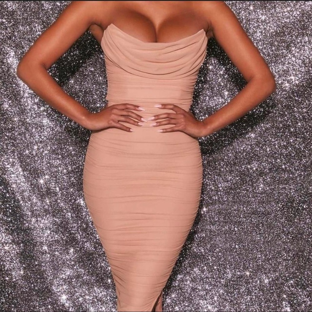 AKIRA Strapless Nude Corset Mesh Midi Dress